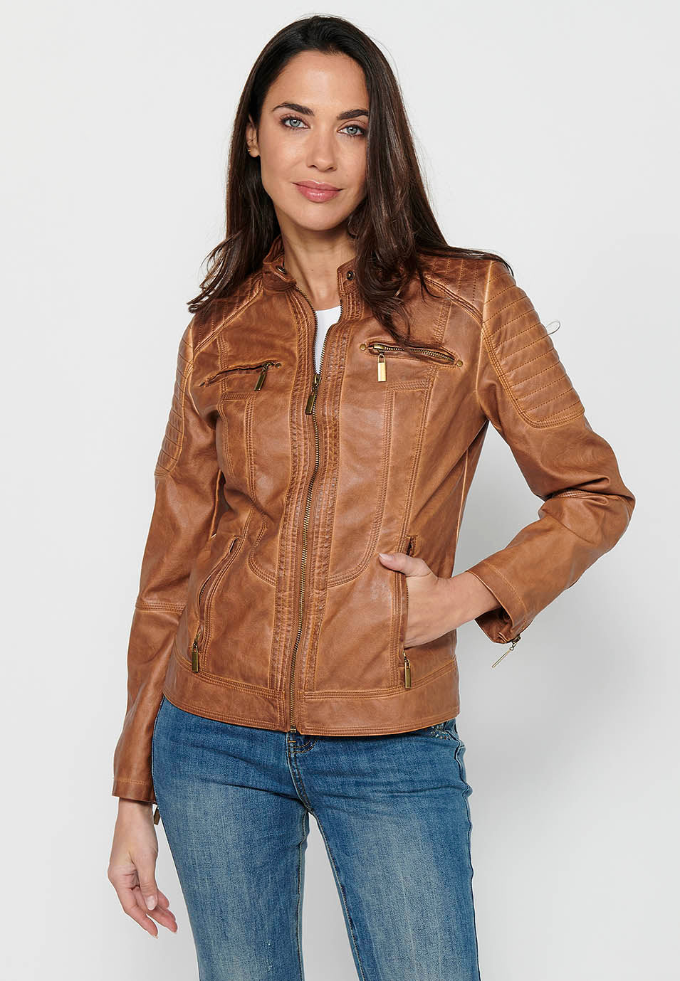 Camel women's biker leather effect jacket - Koroshi 2412JA13
