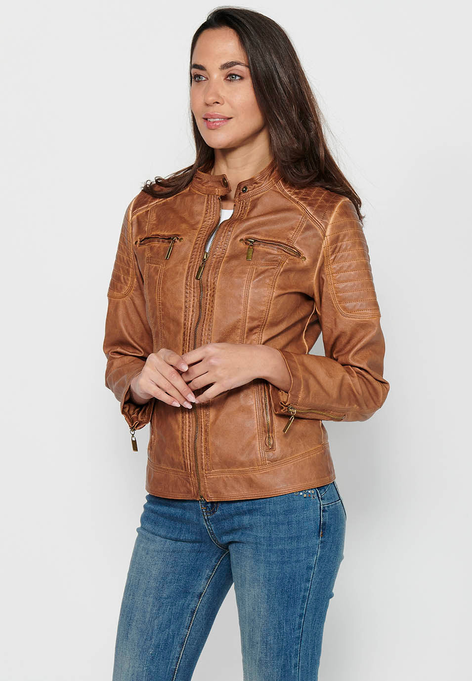 Camel women's biker leather effect jacket - Koroshi 2412JA13