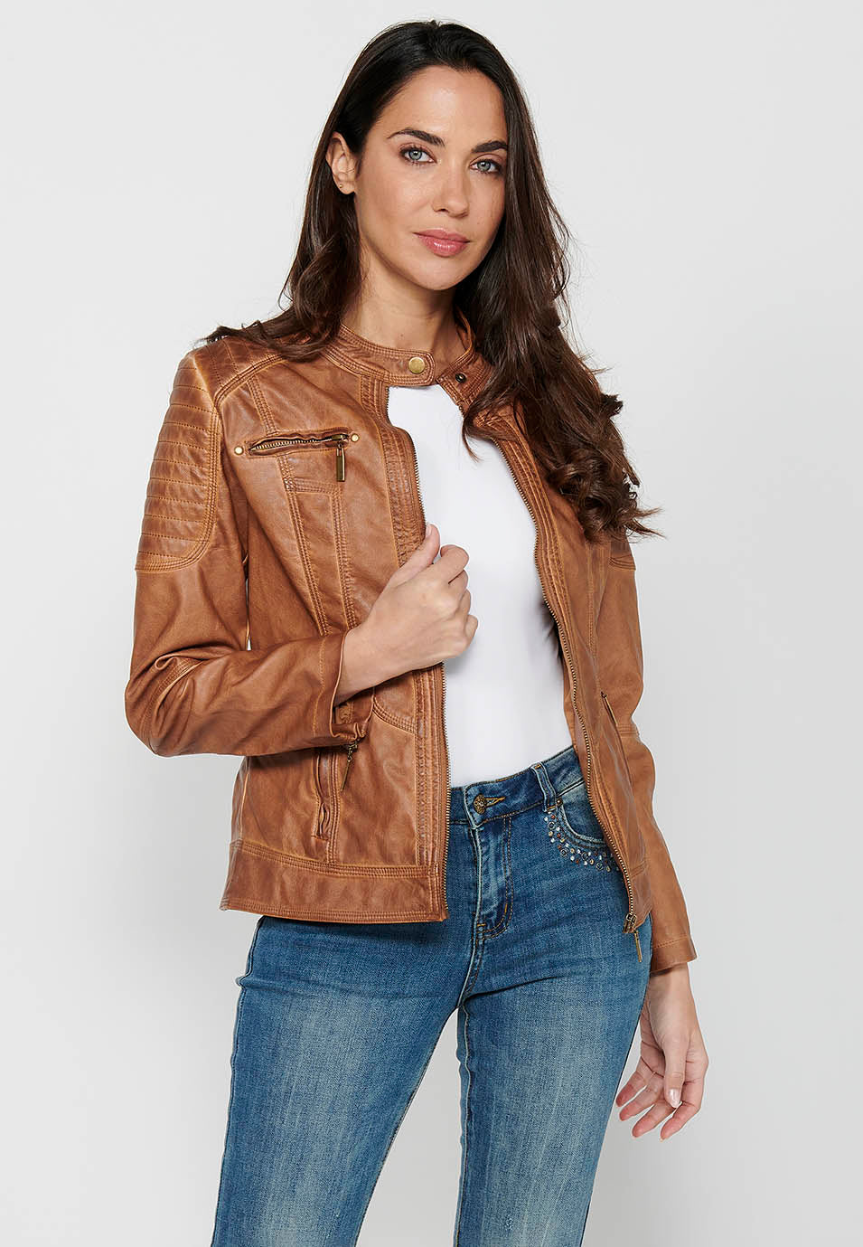 Camel women's biker leather effect jacket - Koroshi 2412JA13