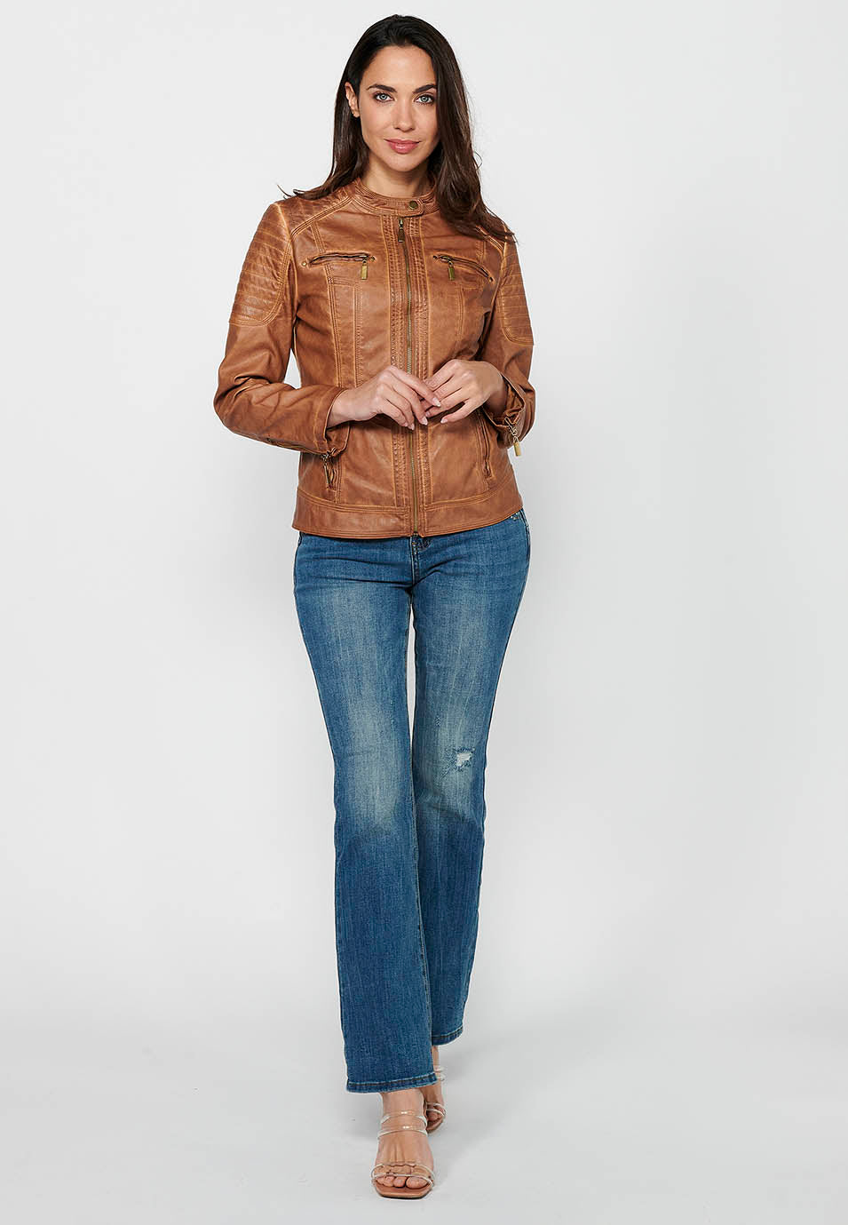 Camel women's biker leather effect jacket - Koroshi 2412JA13