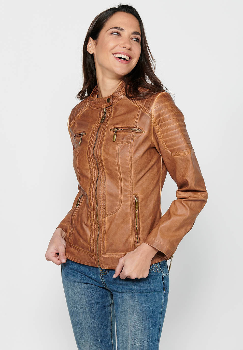 Camel women's biker leather effect jacket - Koroshi 2412JA13