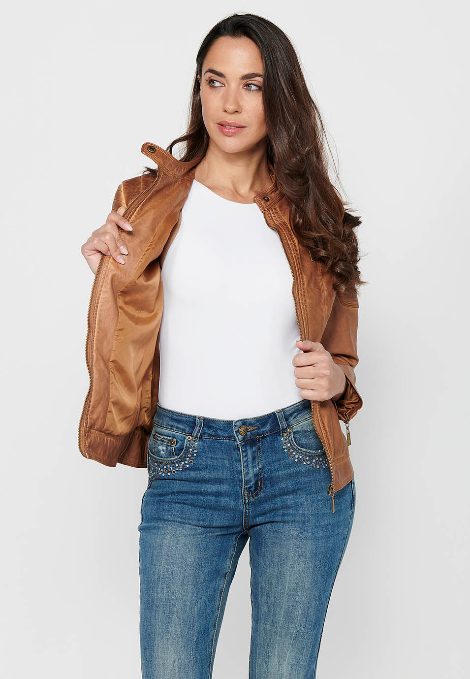 Camel women's biker leather effect jacket - Koroshi 2412JA13