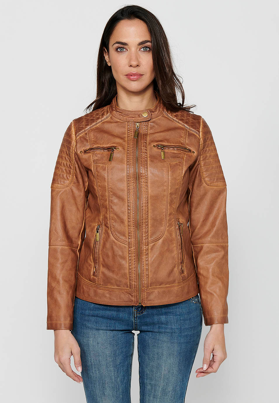 Camel women's biker leather effect jacket - Koroshi 2412JA13