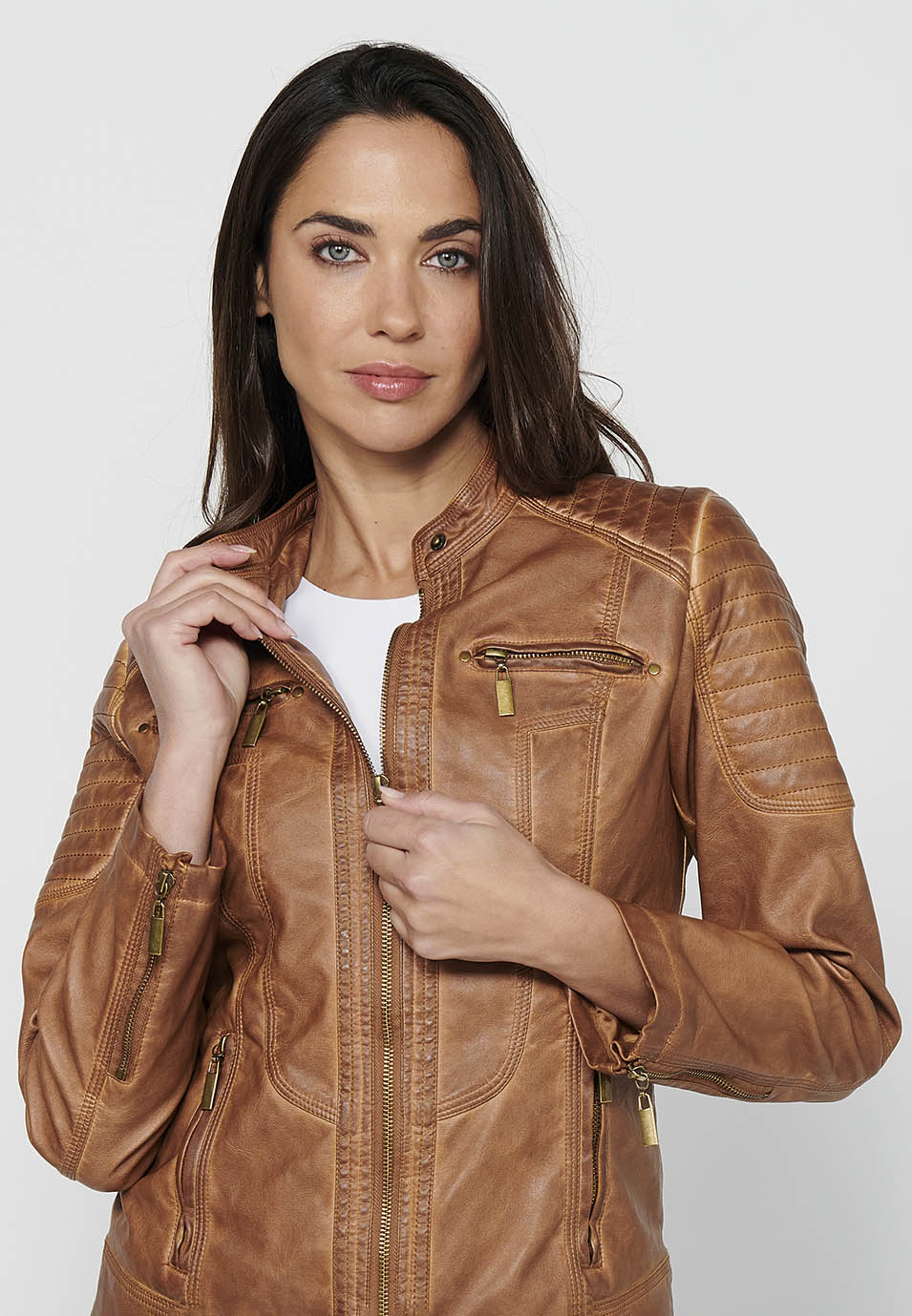 Camel women's biker leather effect jacket - Koroshi 2412JA13