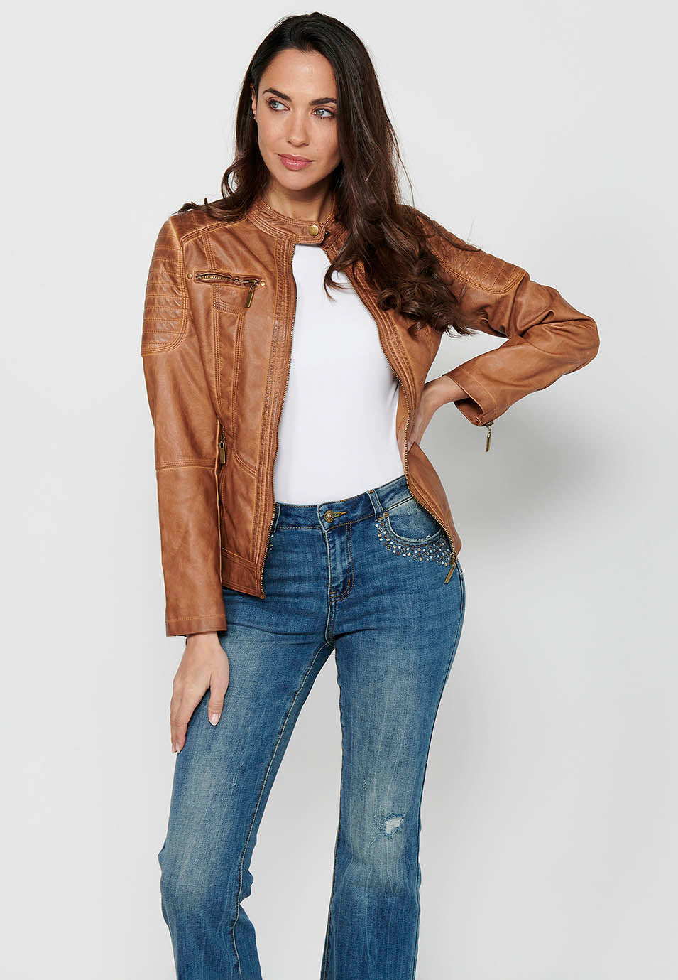 Camel women's biker leather effect jacket - Koroshi 2412JA13