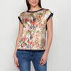 Damen-Kurzarm-T-Shirt mit mehrfarbigem Tropical-Print vorne | Aktuelle Mode