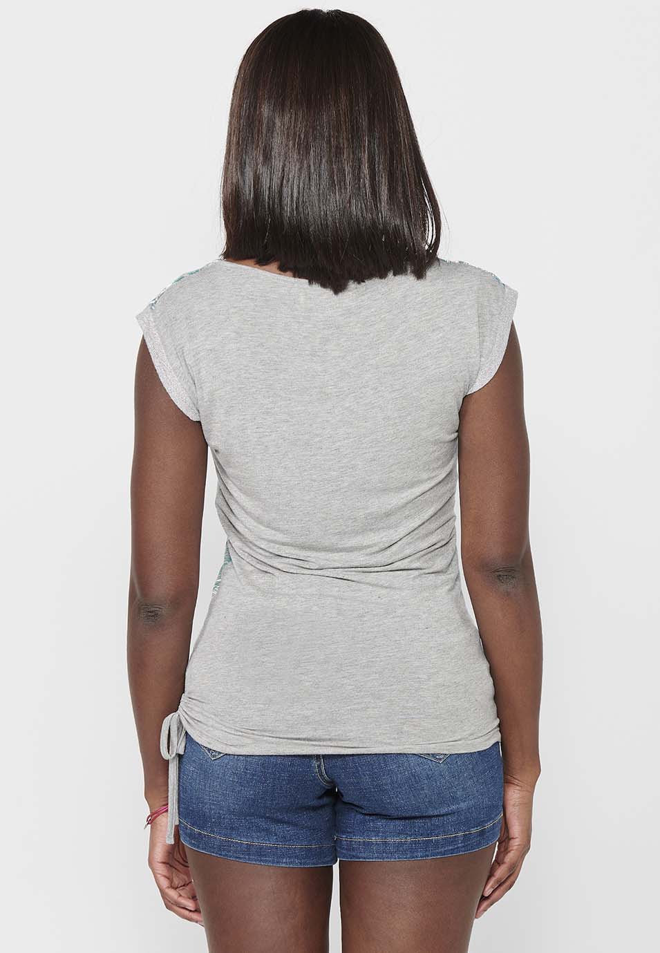 T-shirt a maniche corte con scollo a barchetta e stampa laterale e frontale con coulisse regolabile da donna | Moda attuale