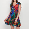 Short sleeveless dress with V-neckline and ethnic print with multicolor shoulder details for women | Current Fashion