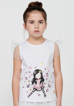 T-shirt da bambina bianca a maniche corte con volant stampato - Koroshi 2415TP23