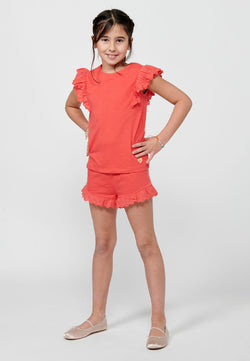 Ruffled t-shirt and shorts set GIRLS coral - Koroshi 2418TS01