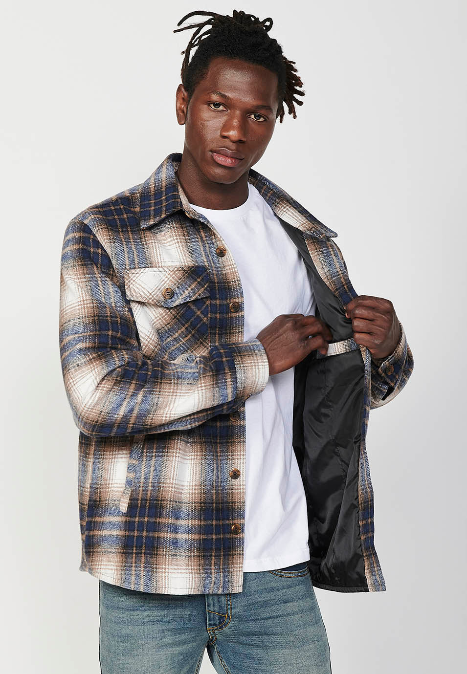 Sovracamicia da uomo in poliestere a maniche lunghe con chiusura frontale a bottoni