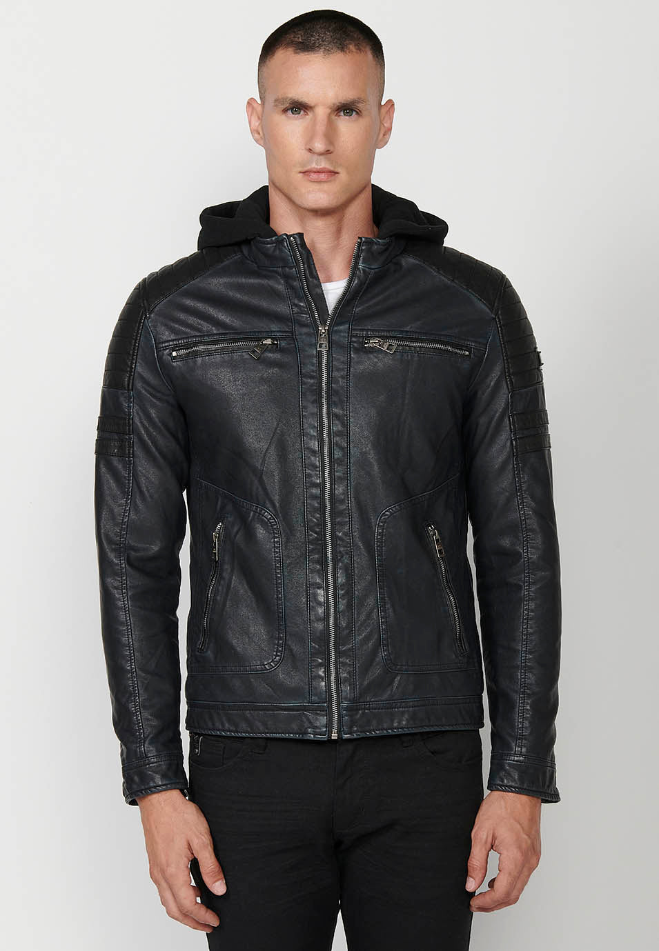 Chaqueta cazadora efecto piel capucha hombre azul oscuro - Koroshi 2421JA00