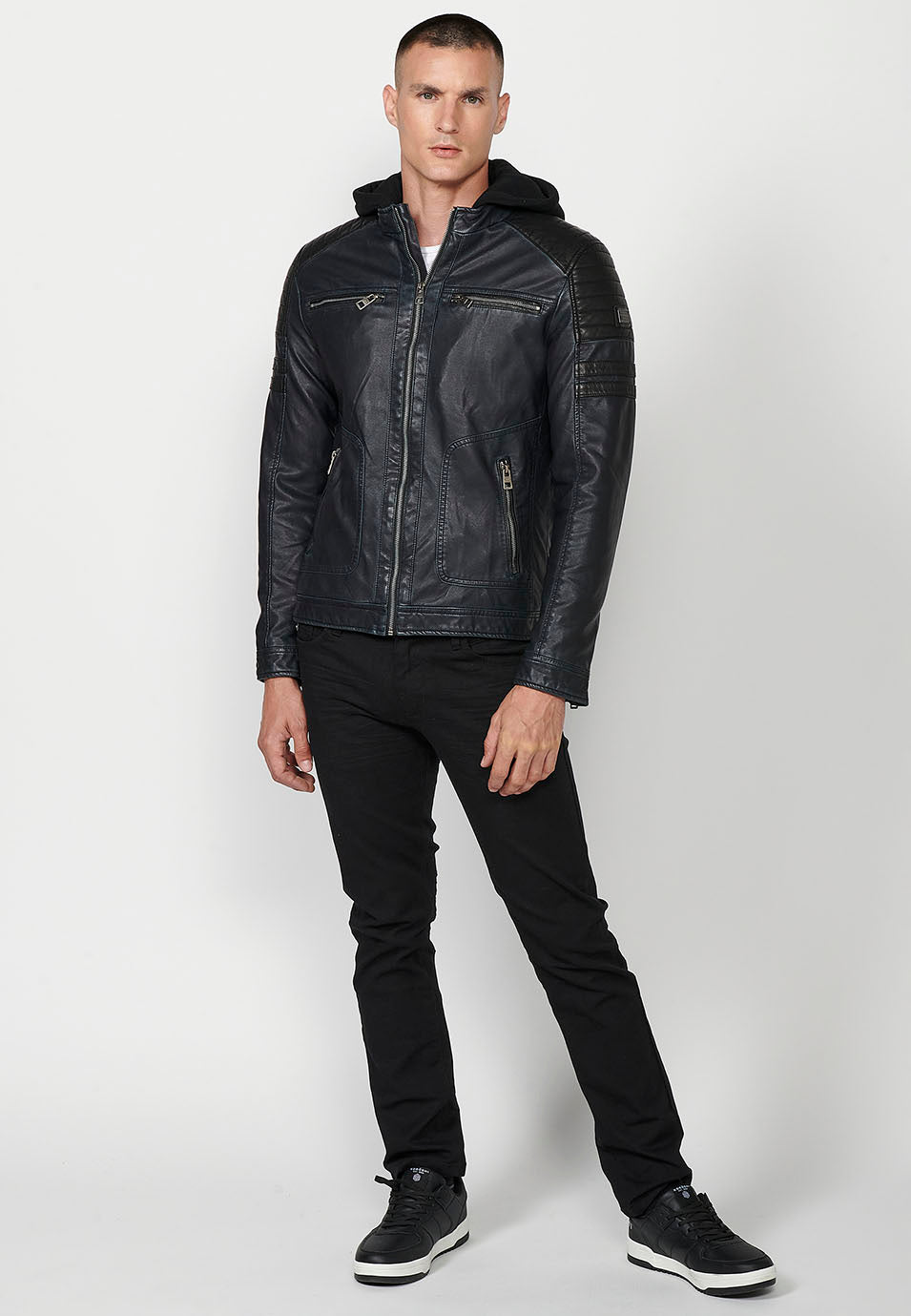 Chaqueta cazadora efecto piel capucha hombre azul oscuro - Koroshi 2421JA00