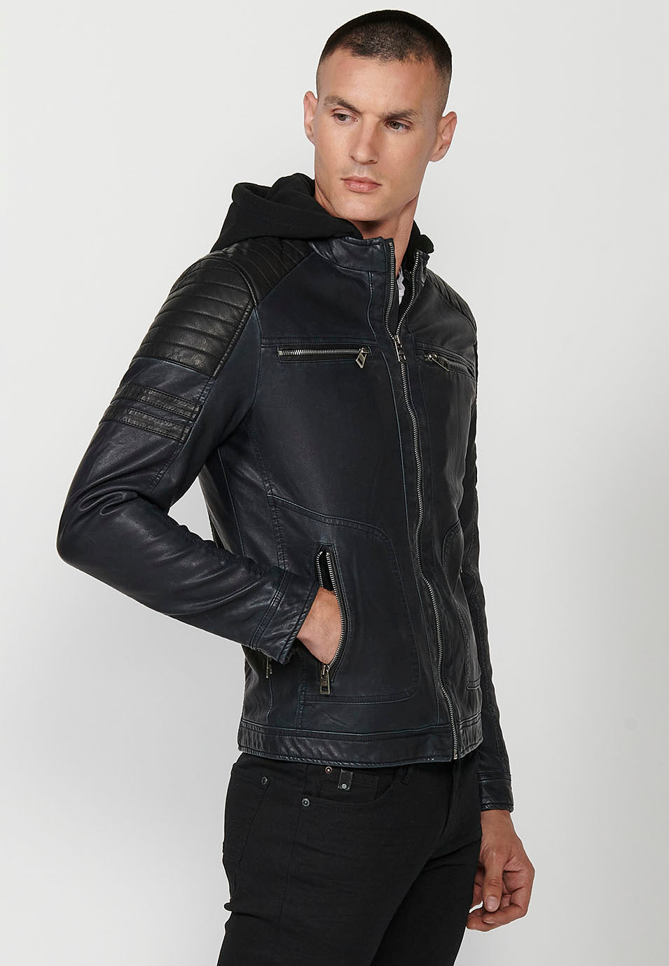Chaqueta cazadora efecto piel capucha hombre azul oscuro - Koroshi 2421JA00