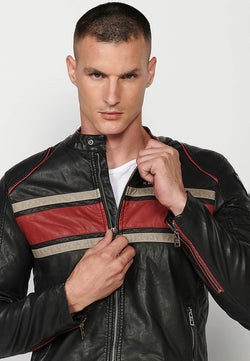 Chaqueta biker efecto piel cuello mao rayas retro hombre negro - Koroshi 2421JA02
