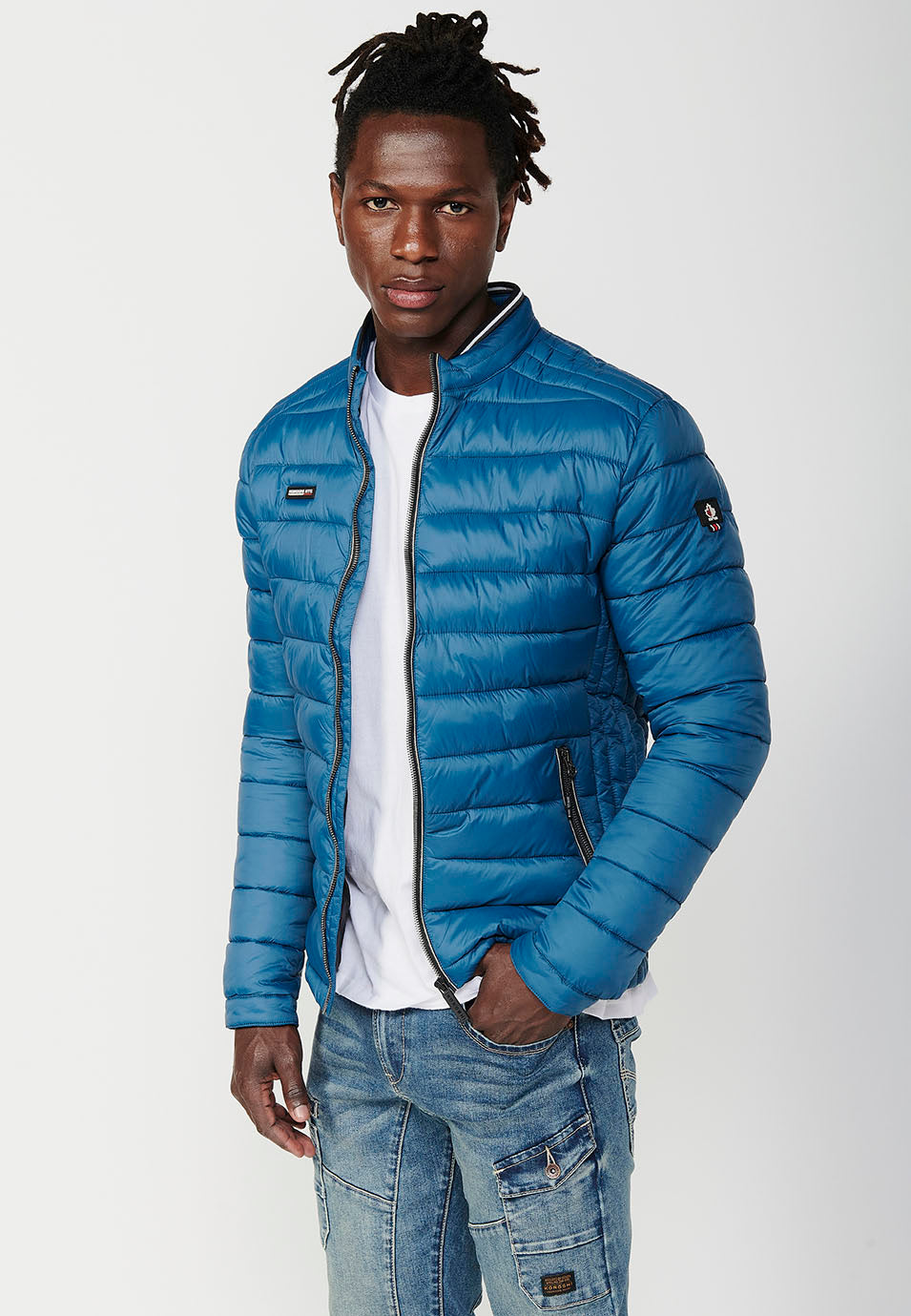 Men's High Neck Padded Jacket with Zipper Front Closure