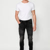 Long skinny biker style denim pants with front zipper and button closure and details on the knees for Men