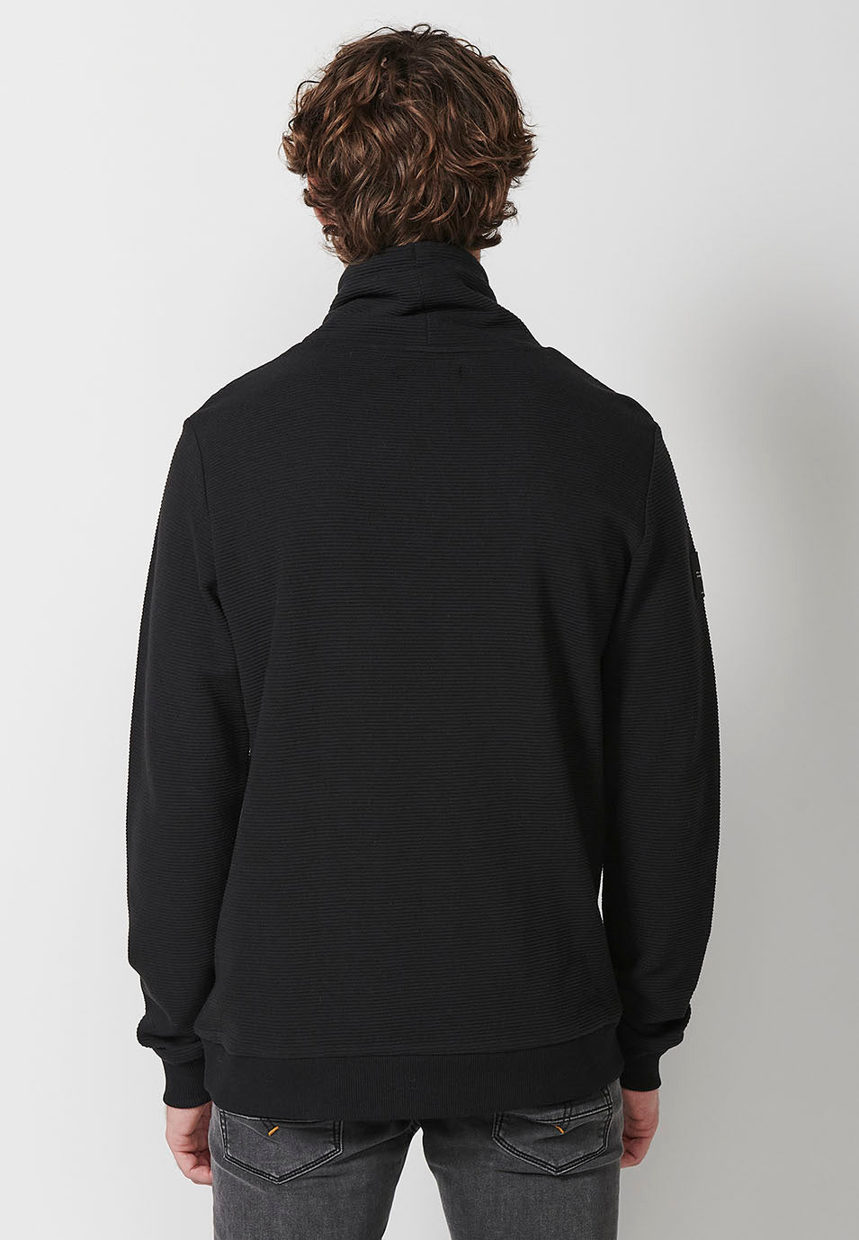 Sweat col montant à manches longues avec cordon réglable et tissu texturé rayé