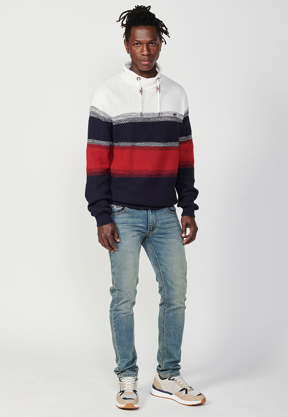 Herren-Trikotpullover mit gestreiftem Kordelzug und verstellbarem Crossover-Rollkragenpullover