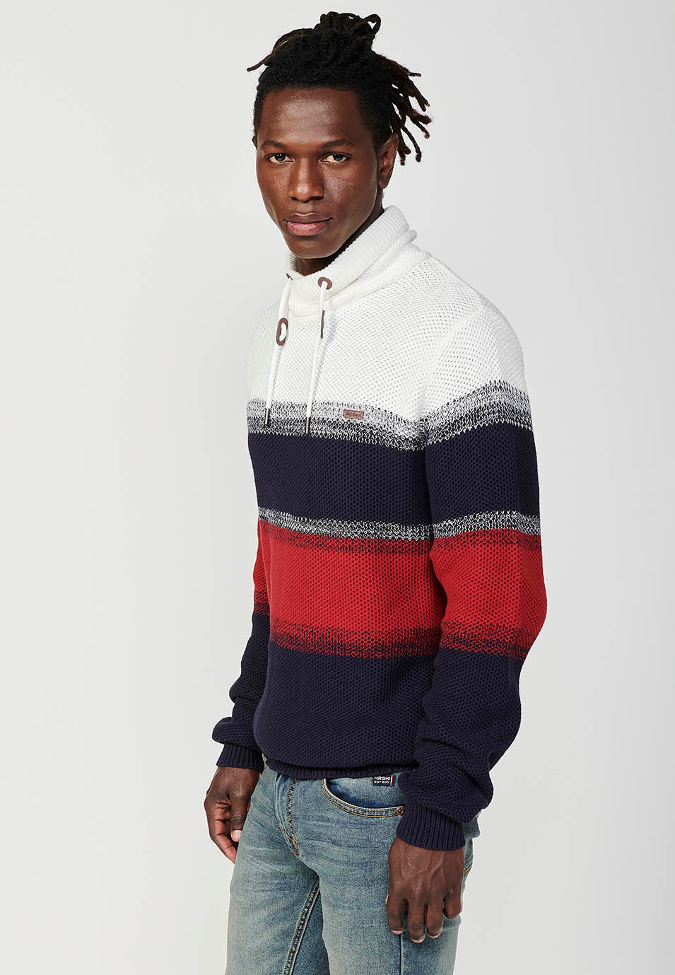 Maglione tricot a collo alto incrociato regolabile con coulisse a righe da uomo