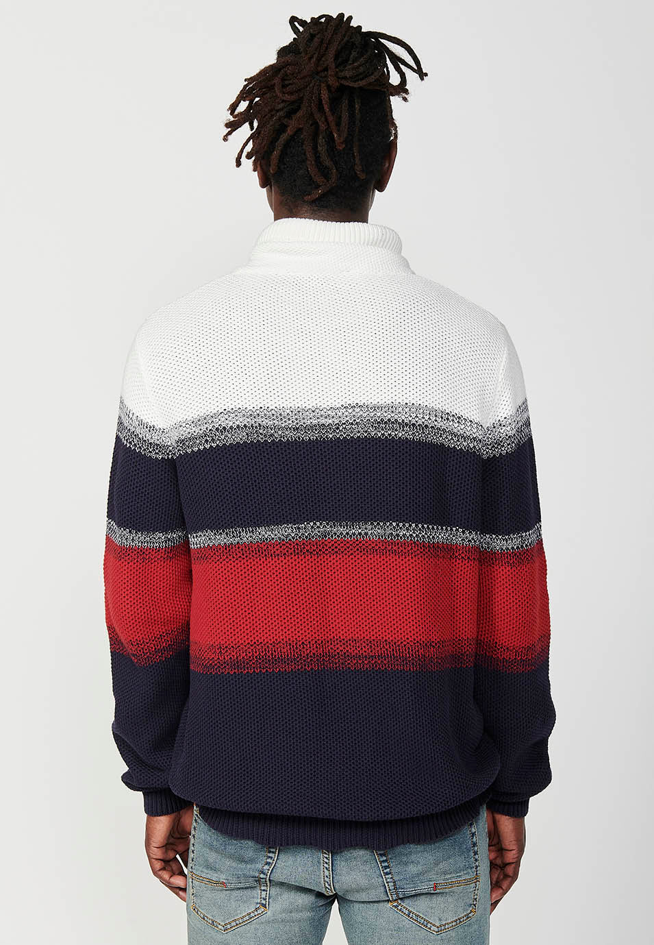 Maglione tricot a collo alto incrociato regolabile con coulisse a righe da uomo