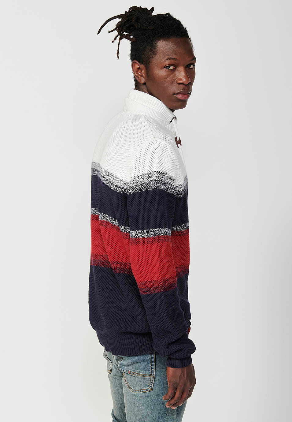 Maglione tricot a collo alto incrociato regolabile con coulisse a righe da uomo