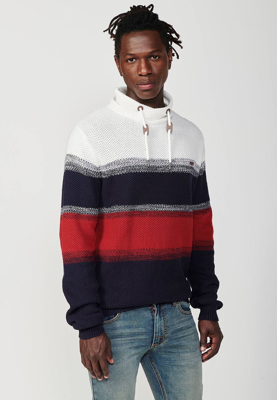 Maglione tricot a collo alto incrociato regolabile con coulisse a righe da uomo