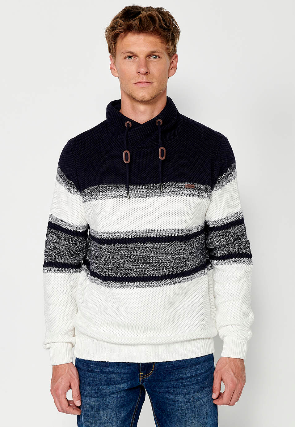 Herren-Trikotpullover mit gestreiftem Kordelzug und verstellbarem Crossover-Rollkragenpullover