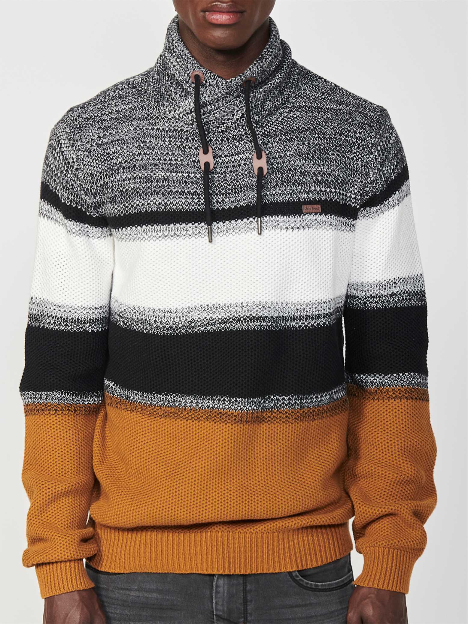 Maglione tricot a collo alto incrociato regolabile con coulisse a righe da uomo