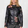 Veste effet cuir avec détails floraux brodés et fermeture zippée sur le devant pour femme