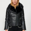 Veste femme effet cuir avec col croisé et fausse fourrure avec fermeture sur le devant et fermeture éclair