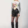 Long-sleeved round neck T-shirt with contrast sleeves and front print of a girl with sunglasses for Women