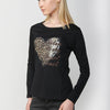 Camiseta manga larga algodón cuello redondo y estampado corazón animal print mujer