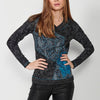 Long Sleeve Cotton T-shirt with V-neck with crossed rib and Front Embroidery for Women