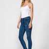 Long slim cropped denim pants with five pockets and front zipper and button closure with floral embroidered details for women