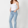 Five-pocket flared denim pants with metallic applications on pockets for women