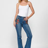 Boot cut long flared push-up denim pants with five pockets and embroidered flowers on the hips for women
