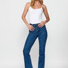Long flared denim pants with five pockets and front zipper and button closure with embroidered details for women