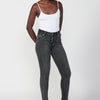 Slim fit denim pants with metallic applications and embroidered pockets for women
