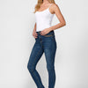 Slim fit five-pocket push-up denim pants with embroidered detail and metallic applications on pockets for women