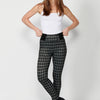 Checkered blunt knit leggings pants with wide elastic waistband and decorative buttons for Women