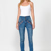 Push-up denim pants with five pockets and sash waist with flower embroidery and rhinestones on pockets for women