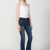 Five-pocket push-up denim pants with sash waist with embroidery and metal applications on pockets for women in dark