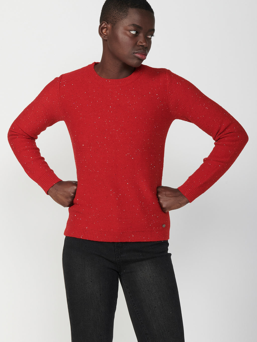 Langärmliger Damenpullover aus Trikotstrick mit glitzerndem, gesprenkeltem Garn