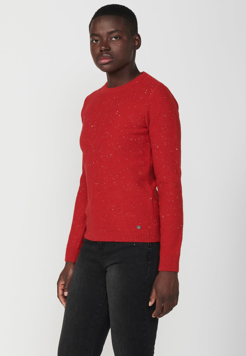 Maglione da donna in maglia tricot a maniche lunghe con filo maculato glitterato