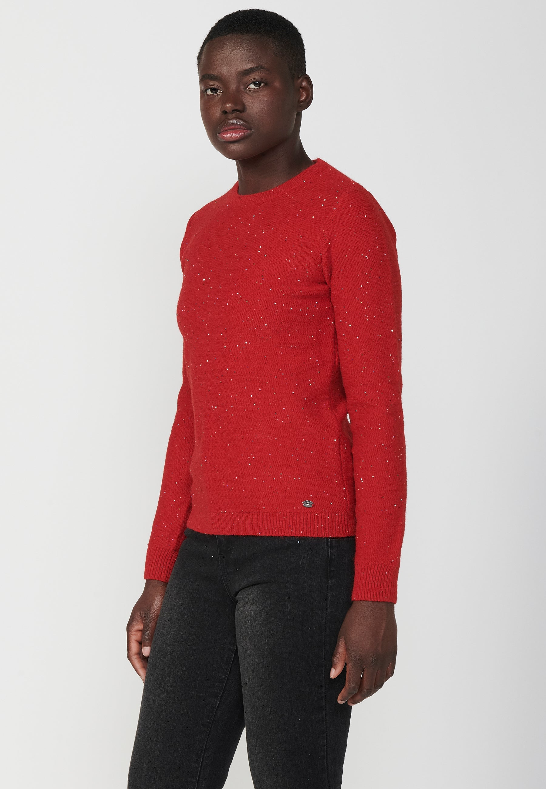 Maglione da donna in maglia tricot a maniche lunghe con filo maculato glitterato