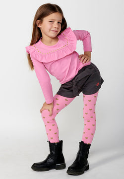 T-shirt fille rose manches longues imprimé volants - Koroshi 2425ML04