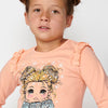 T-shirt à manches longues avec volant sur les épaules et imprimé saumon sur le devant pour fille