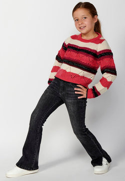 Openwork striped tricot sweater GIRLS fuchsia - Koroshi 2425TR06