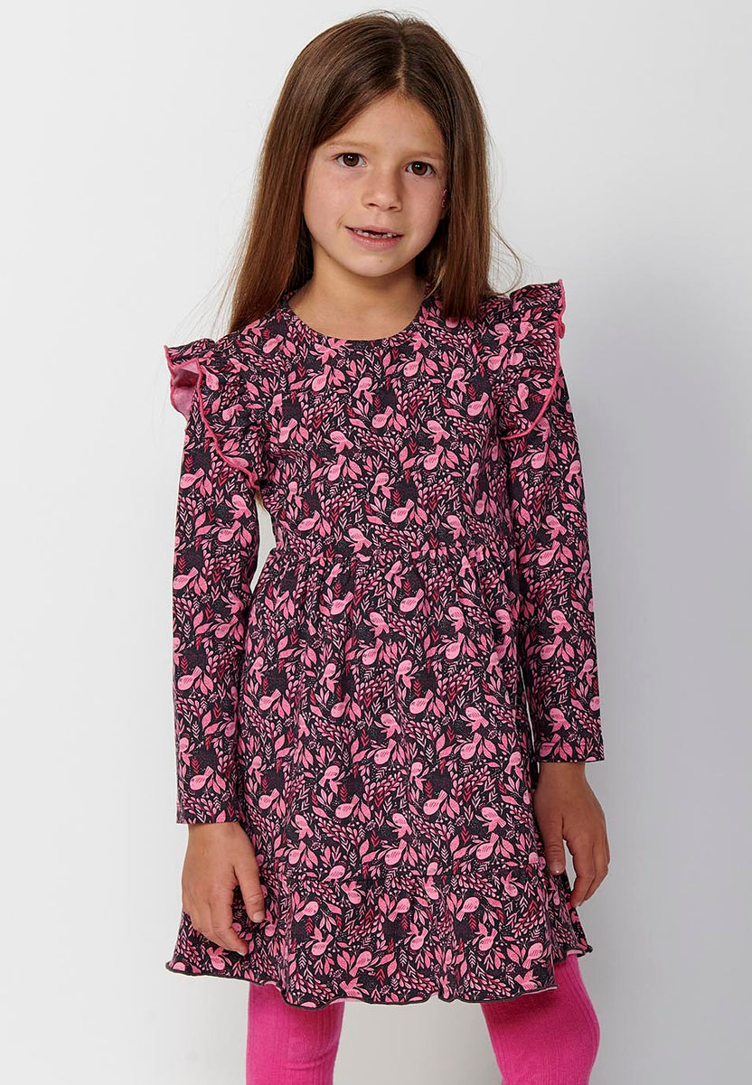 Vestido manga larga volantes estampado floral niña rosa - Koroshi 2425VS02